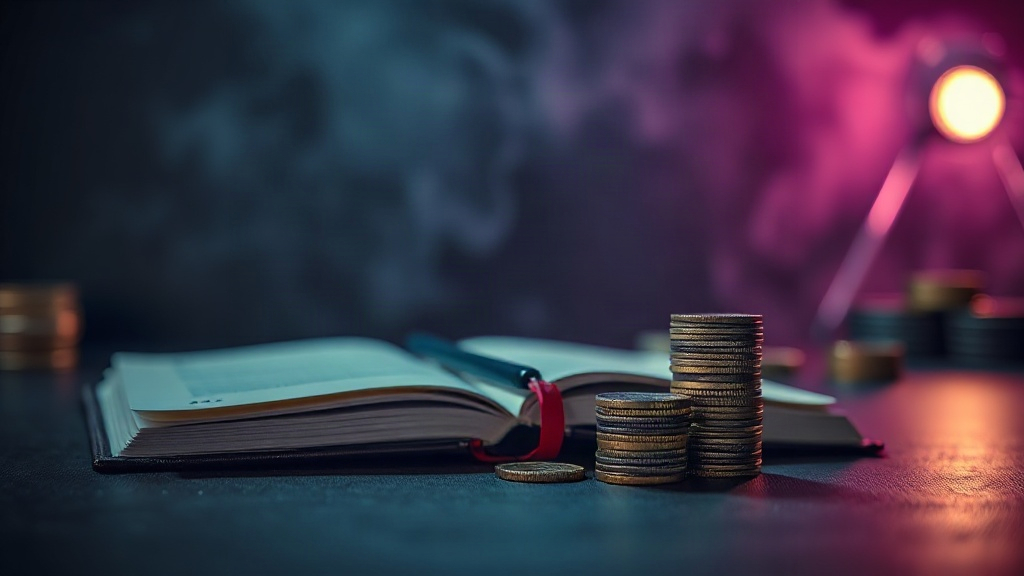 Ledger desk scene with coins and violet lighting