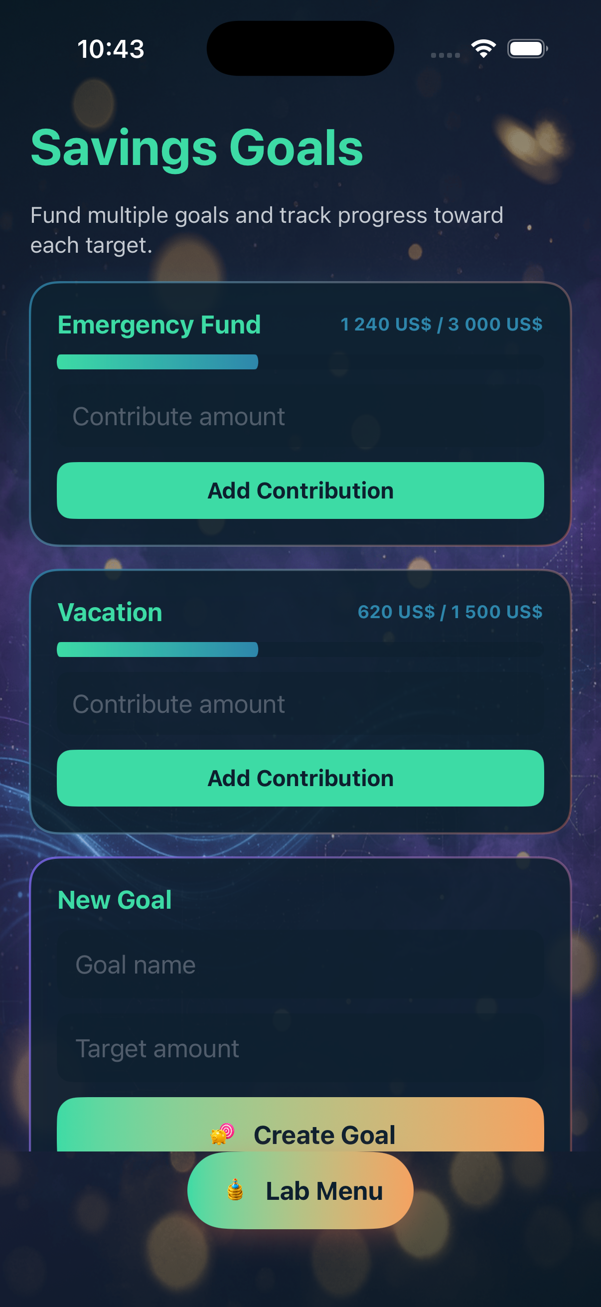 Goals screen